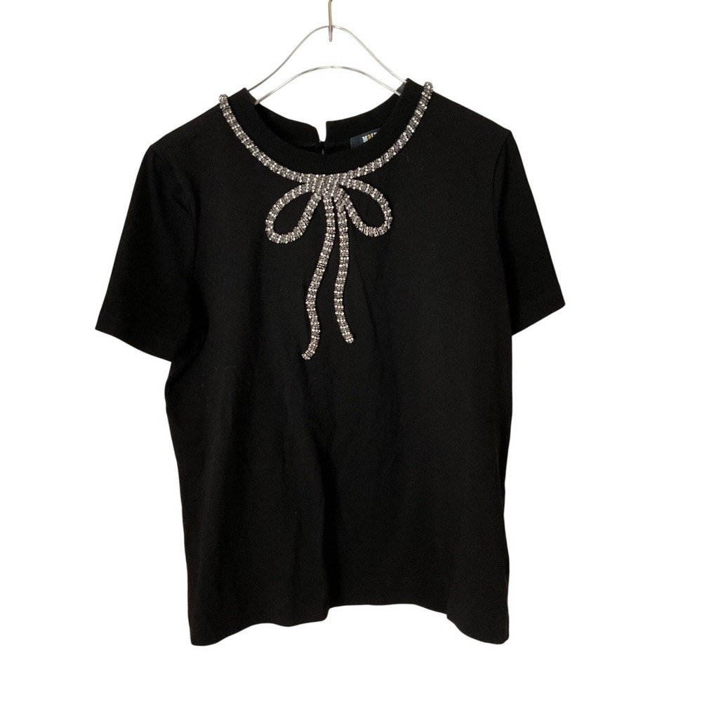Maeve Short Sleeve Top Women S Black Rhinestone‎ Bow Embellished Knit Tee Chic
